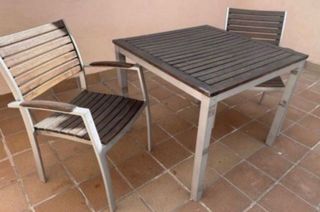 Mesa y 2 Sillones Jardín/Terraza Madera y Metal