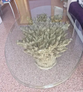 Conjunto 2 mesas comedor cristal y base piedra