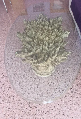 Conjunto 2 mesas comedor cristal y base piedra