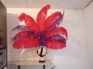 Gorro de comparsa con plumas rojas y moradas