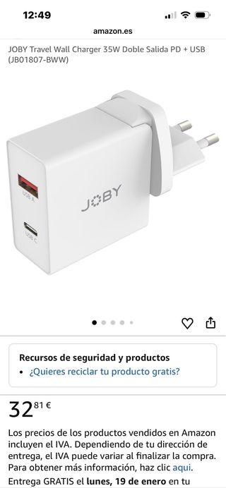 Cargador Pared JOBY 35W Doble Puerto PD