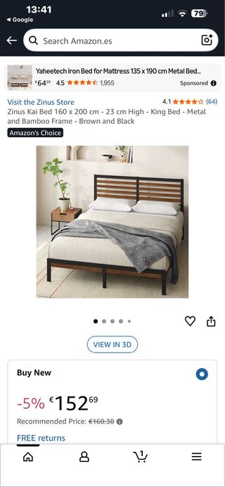 Somier con cabecero de bambú Zinus 160x200 cm