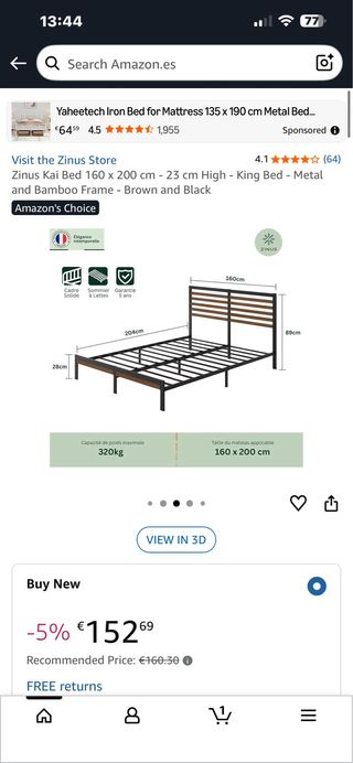Somier con cabecero de bambú Zinus 160x200 cm