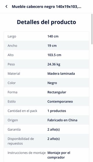 Cabecero negro 140x19x103cm