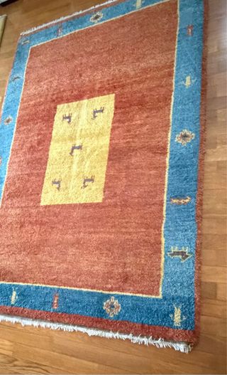 Alfombra persa de lana azul, marrón y amarilla