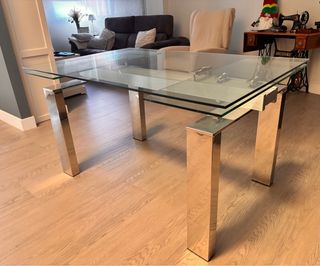 Mesa de salón acero inoxidable y vidrio