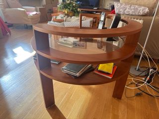 Mesa auxiliar redonda diseño madera y cristal