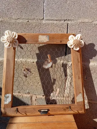 Marco de madera con alambre y flores