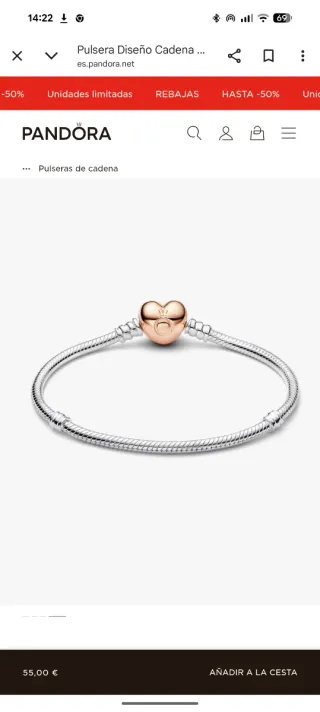 Pulsera Pandora Corazón Oro Rosa y Plata