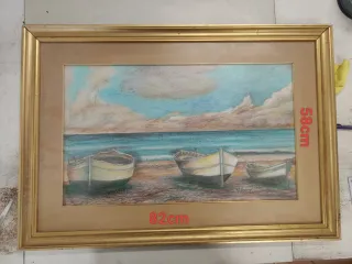 Cuadro antiguo paisaje barcas playa