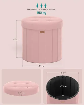 SONGMICS Mazie Puff Redondo Plegable 65L Terciopelo Rosa