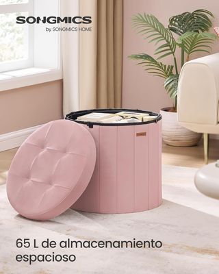 SONGMICS Mazie Puff Redondo Plegable 65L Terciopelo Rosa