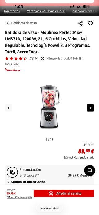 Batidora Moulinex PerfectMix+ LM871D