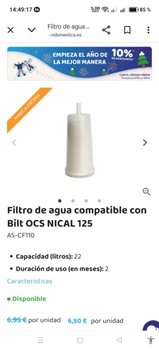 Filtro agua compatible Bilt OCS NICAL 125