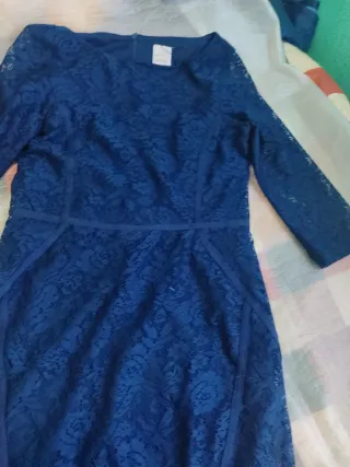 Vestido azul encaje manga codo forrado