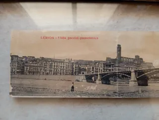 Postal antigua panorámica Lérida/Lleida enmarcada