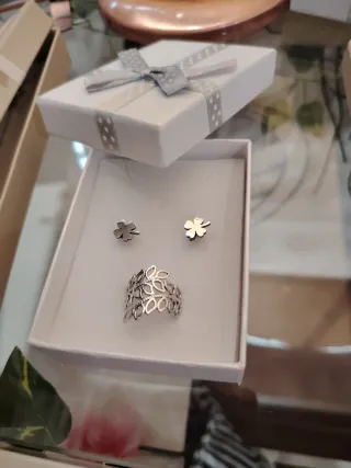 Conjunto Anillo y Pendientes Trébol Acero