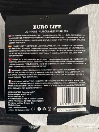 Auriculares Bluetooth 5.0 EURO LIFE Negros