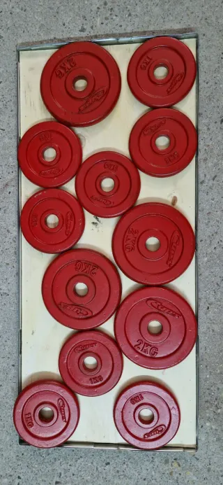 Mancuernas y discos de pesas rojos