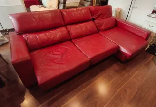 Sofá chaise longue 3 plazas cuero piel rojo