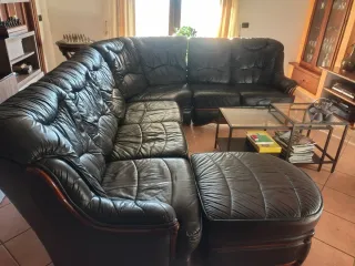 Divano angolare in vera pelle e radica 7 posti