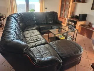 Divano angolare in vera pelle e radica 7 posti