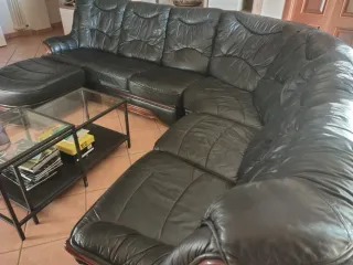 Divano angolare in vera pelle e radica 7 posti