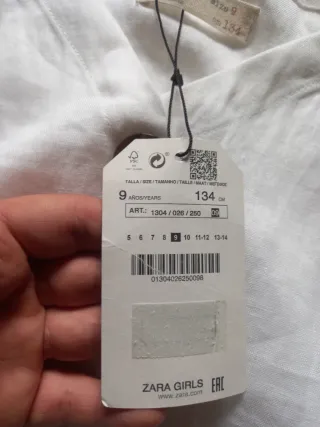 Camisa Zara blanca 9 años/ 134 cm Bimba 100% lino