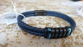 Pulsera Lotus Piel Hombre Negra y Azul