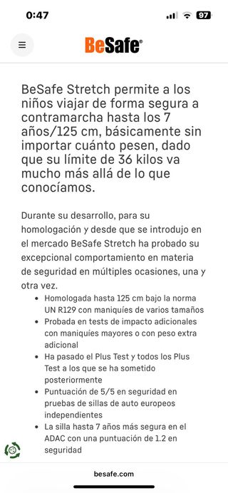 Silla coche BeSafe Strech a contramarcha