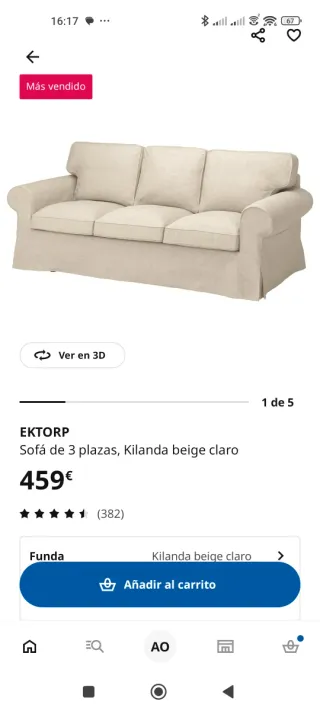 Sofá Ikea 3 plazas ektorp tela beige
