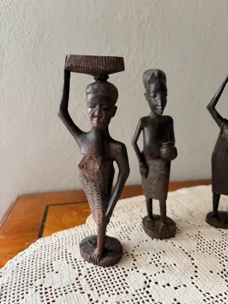 Set 4 Statuine Africane Vintage Legno Intagliato