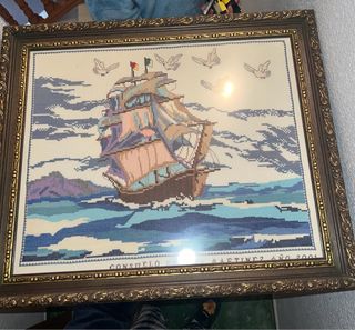 Cuadro punto de cruz barco y palomas