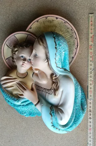 Escultura Virgen María y Niño Jesús pared Años 60