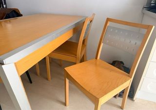 Mesa comedor con cajón madera y metal