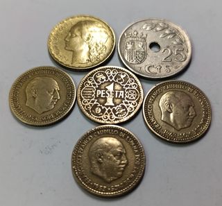 Lote 6 monedas: 25 cts, 1 pta. 1937-1944-53-63