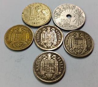 Lote 6 monedas: 25 cts, 1 pta. 1937-1944-53-63