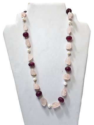 Collana gold filled 18kt calcedonio rubini perle