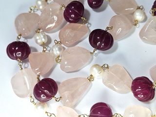 Collana gold filled 18kt calcedonio rubini perle