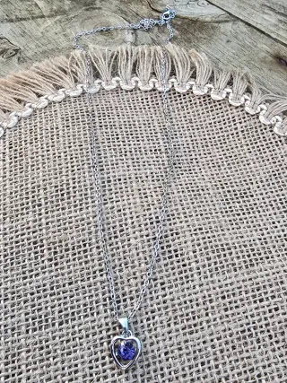 Collar y Pendientes Corazón Circonita Morada Plata