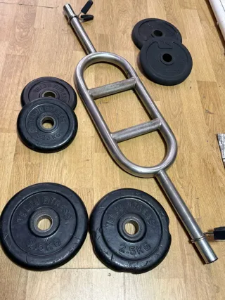 Discos de gimnasio y barra romana H