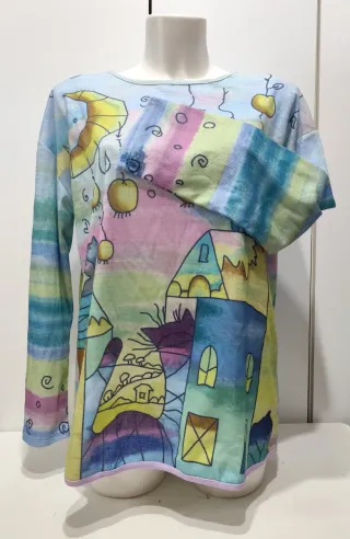 Maglia donna XL a fantasia colori pastello casette
