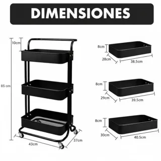 Carrello ausiliario a 3 livelli con ruote, nuovo, nero