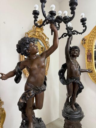 Fantástica pareja de ángeles torcheros de bronce