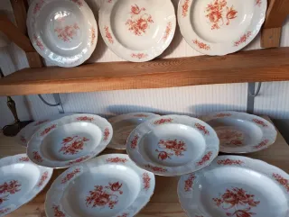 Piatto profondo vintage in porcellana con fiori rossi