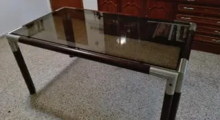 Mesa centro cristal y madera rojiza 160x90