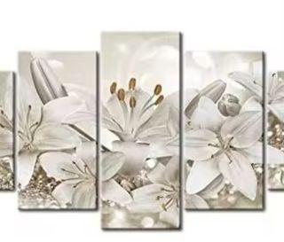 5 lienzos (sin bastidor) Flores blancas, dorados.