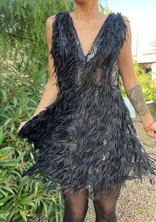 Vestido fiesta flecos y lentejuelas negro