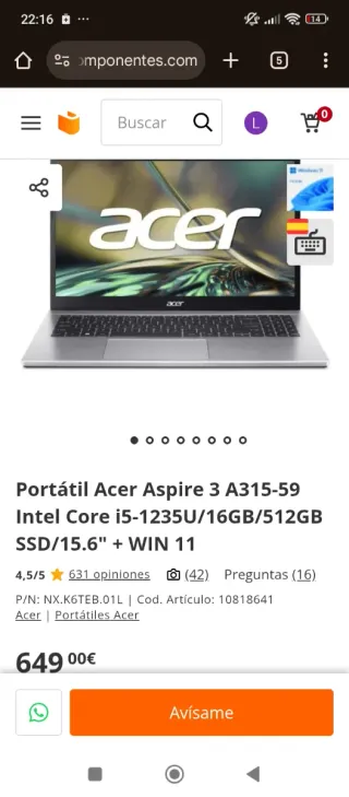 Portátil Acer Aspire 3 Intel Core i5 16GB 512GB SS