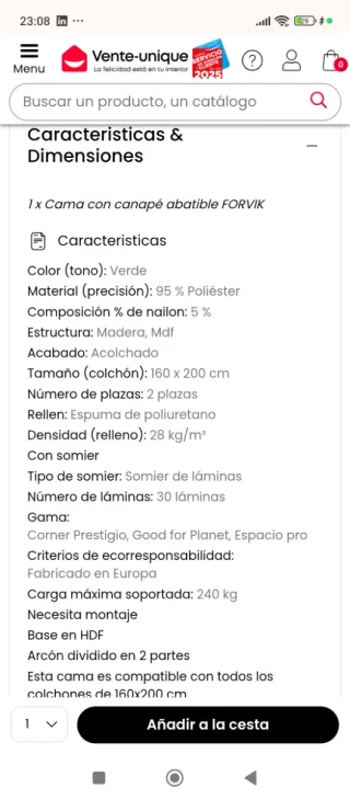 Cama canapé acolchada verde NO INCLUYE COLCHÓN.